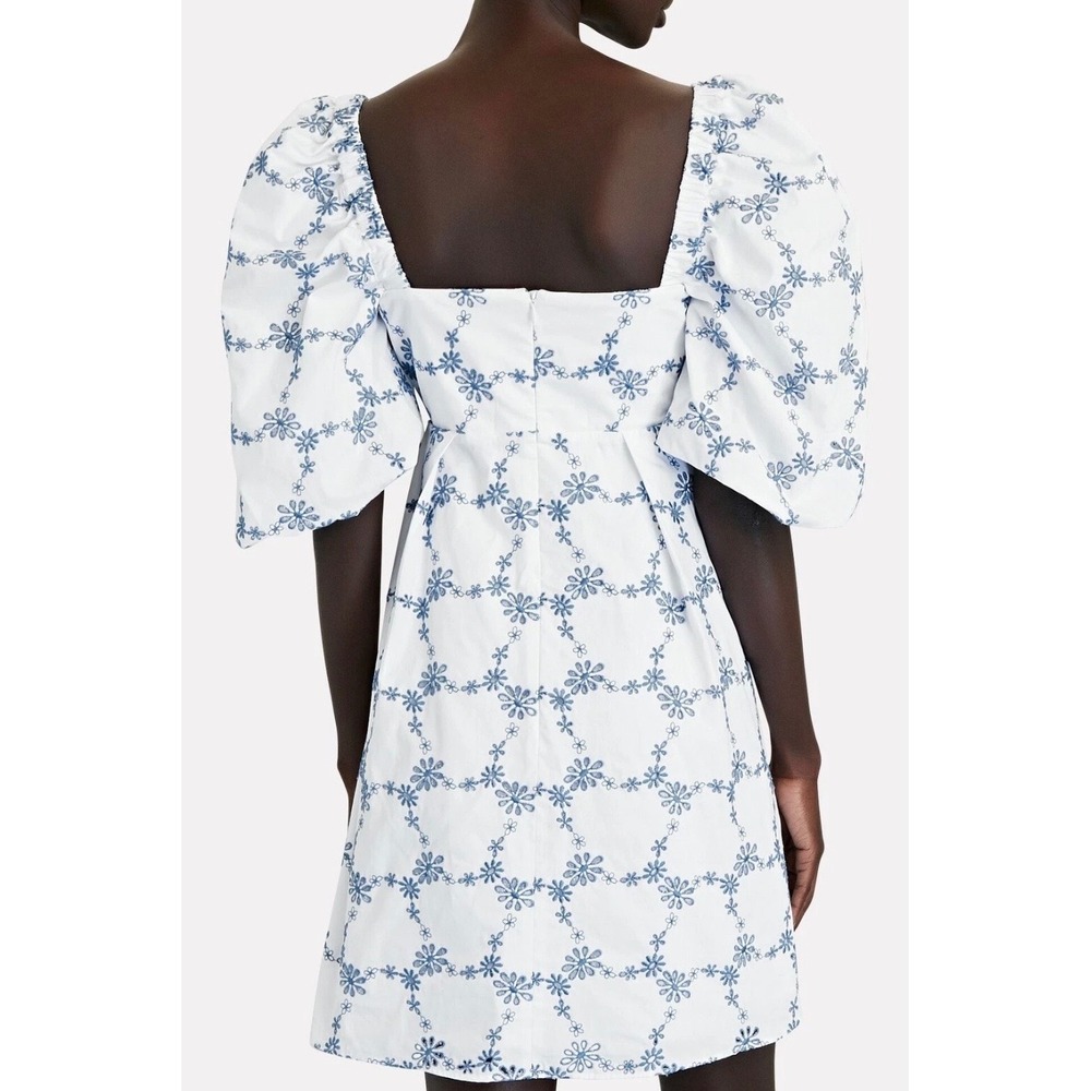 Silvia Tcherassi Valextra Mini Dress White Blue Floral Embroidery Puff Sleeve XS